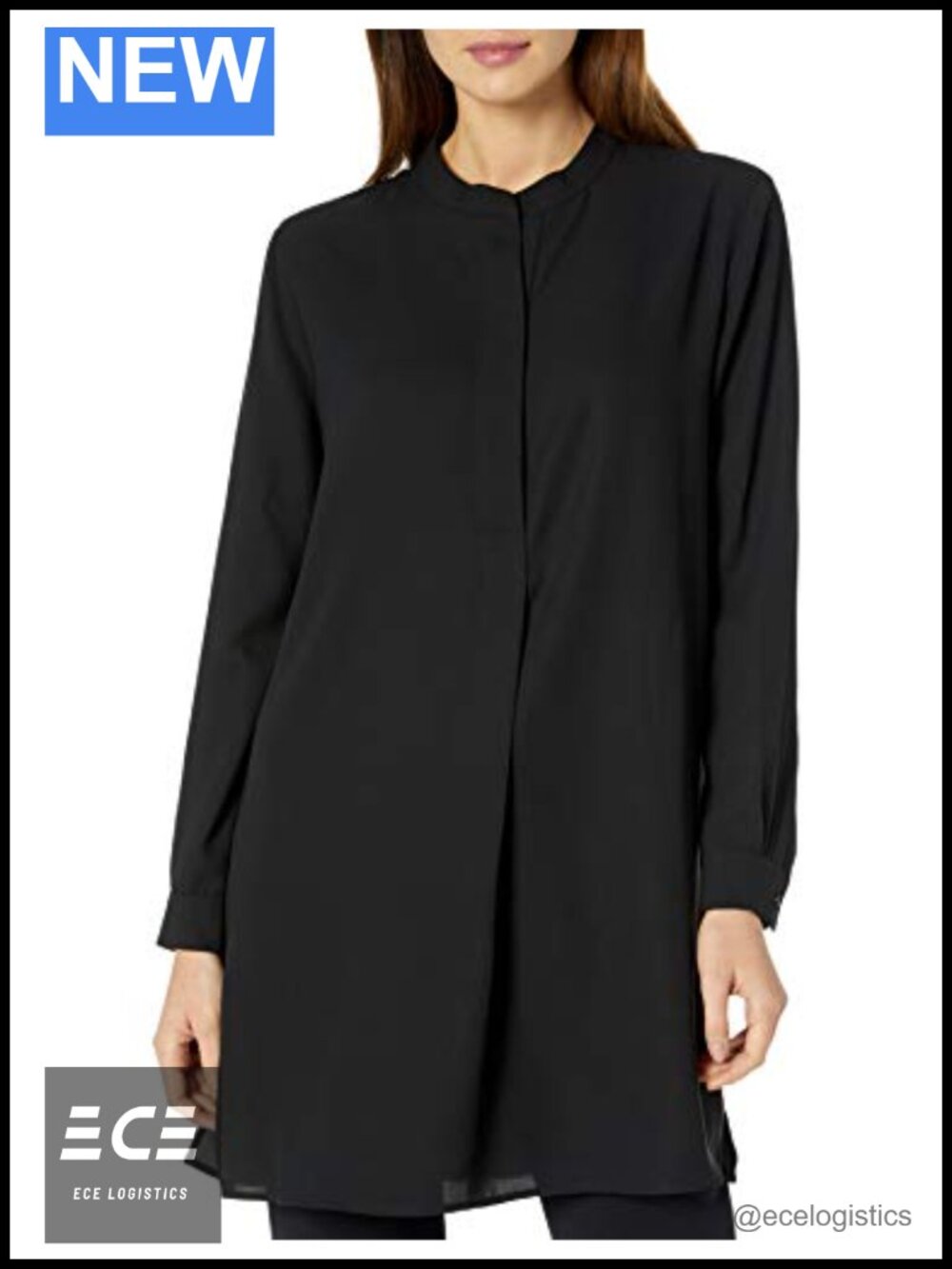 Anne Klein Pop-Over Blouse Covered Placket Side Slits Long Sleeve Tunic